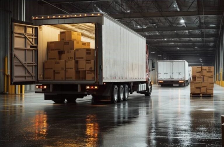 Camión descargando cajas en una zona industrial con pavimento brillante