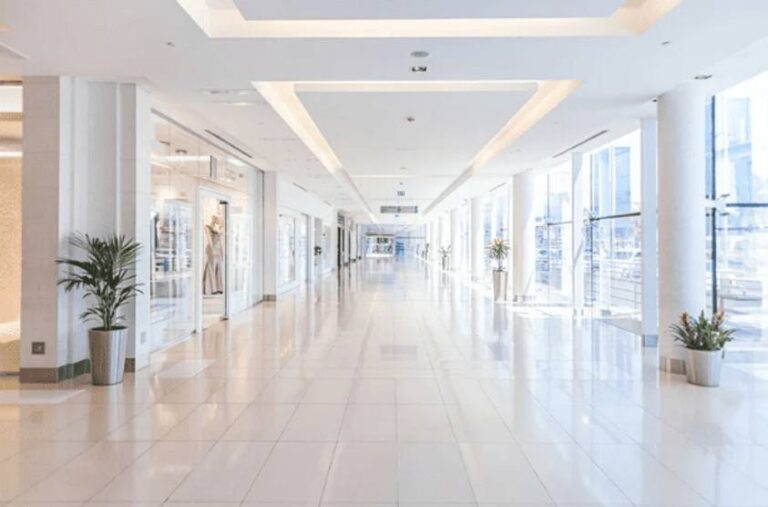Interior de un centro comercial con suelos pulidos y plantas decorativas