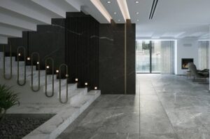 Interior moderno con pavimento de piedra natural y escaleras